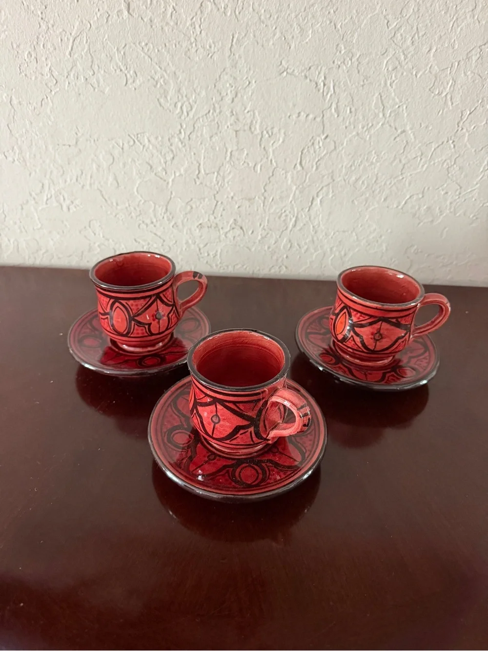 Moroccan Hand Painted Ceramic Espresso Demitasse Cups Saucers Set of 3